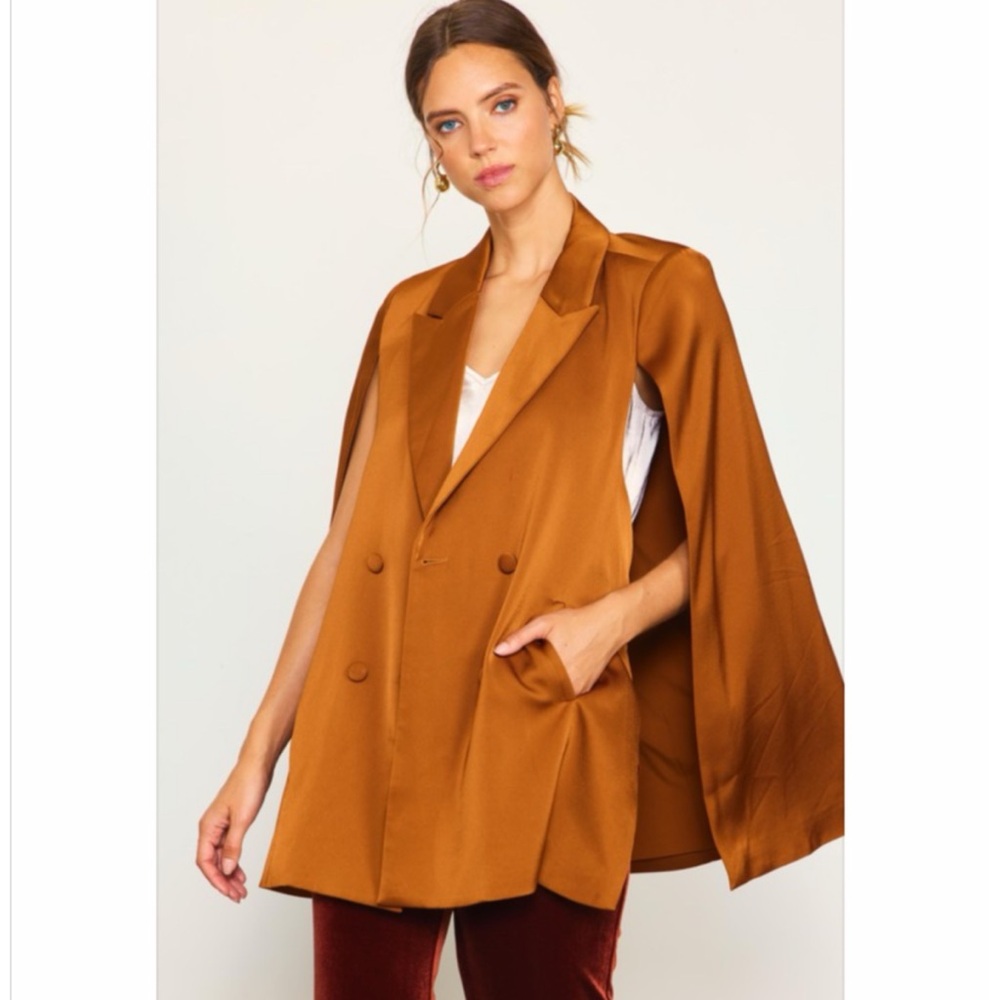 🏷️1003 A • Cinnamon Satin Double-Breasted Blazer Style Cape